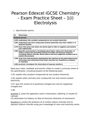 Pearson Edexcel iGCSE Chemistry - 1(i) Electrolysis Exam Practice Sheet