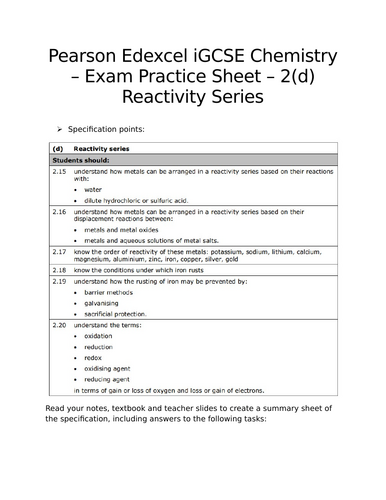 Pearson Edexcel iGCSE Chemistry - 2(d) Reactivity Series Exam Practice Sheet