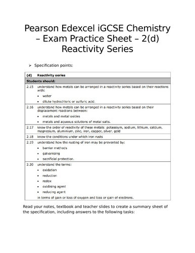 Pearson Edexcel iGCSE Chemistry - 2(d) Reactivity Series Exam Practice ...