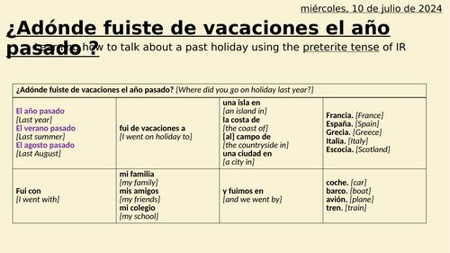 KS3 lesson - ¿Adónde fuiste de vacaciones el año pasado?