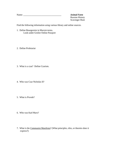 Animal Farm Russian History Scavenger Hunt with Answer Key