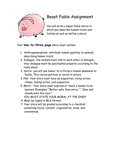 Animal Farm Beast Fable Writing Assignment and Rubric Checklist