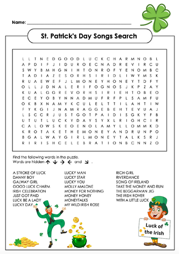 St. Patrick's Day Song Word Search