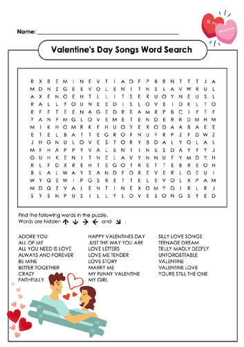 Valentine's Day Love Songs Word Search