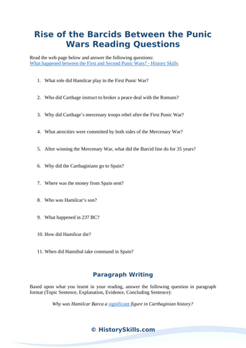 Rise of the Barcids Between the Punic Wars Reading Questions Worksheet