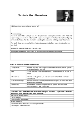 Hardy The Man he Killed Poetry Edexcel Conflict / War Theme KS4 Language, Structure, Context