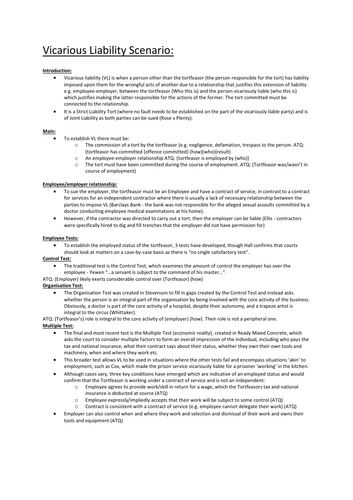 Alevel Law - Tort Scenarios: Vicarious liability