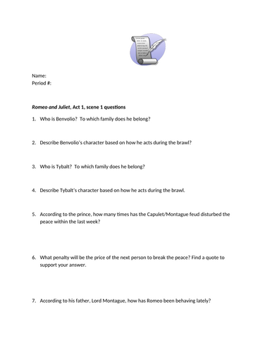 Romeo and Juliet Act 1 Various Activities