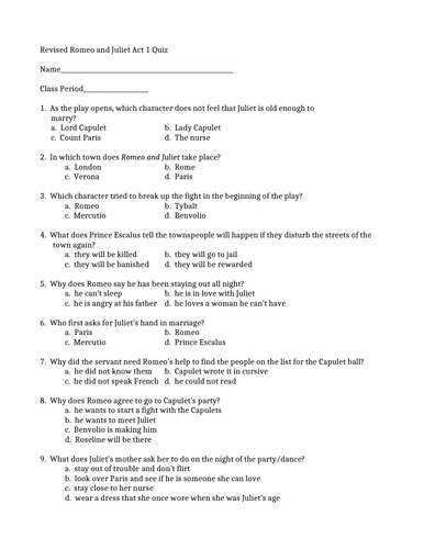 Romeo and Juliet Act 1 Quiz