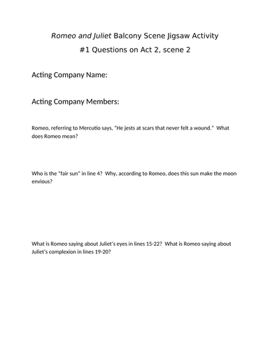 Romeo and Juliet Balcony Scene Jigsaw Activity