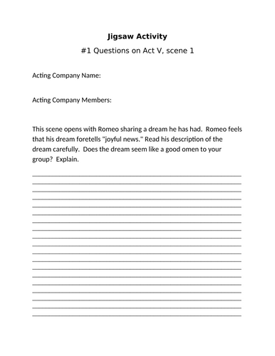 Romeo and Juliet Act V Scene 1 Jigsaw Activity