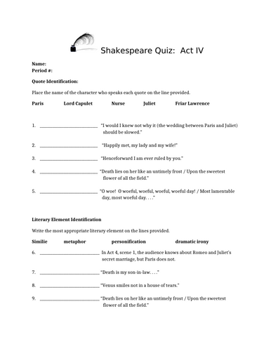 Romeo and Juliet Act IV Quiz | Teaching Resources