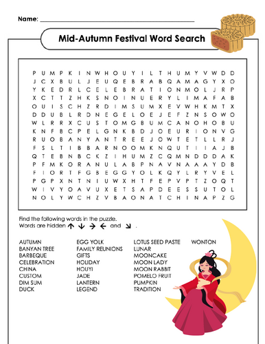 Mid-Autumn Moon Festival Vocabulary Word Search