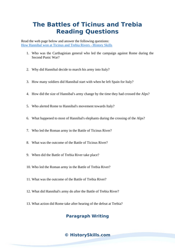 The Battles of Ticinus and Trebia Reading Questions Worksheet