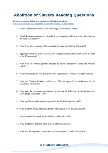 Abolition of Slavery Reading Questions Worksheet