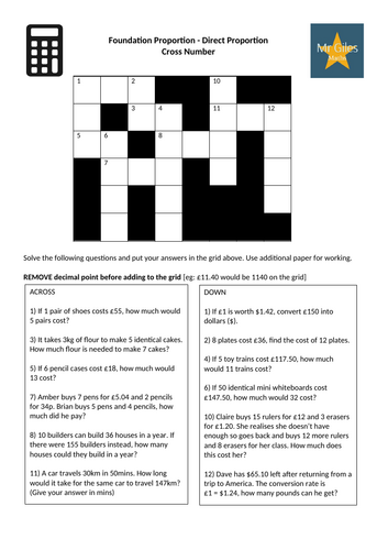 Foundation Proportion - Direct Proportion Cross Number