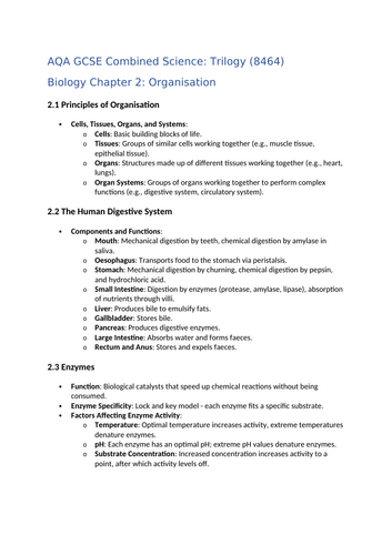 Biology Revision notes - Organisation