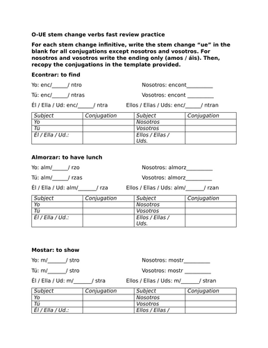 O-UE stem change verbs fast review practice