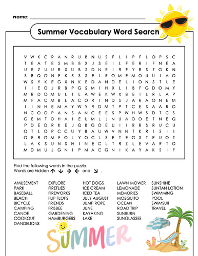 Summer Vacation Vocabulary Word Search