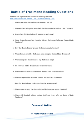 Battle of Trasimene Reading Questions Worksheet