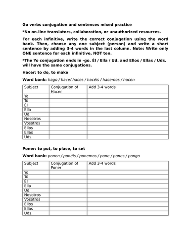 Go verbs conjugation and sentences mixed practice