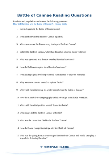 Battle of Cannae Reading Questions Worksheet