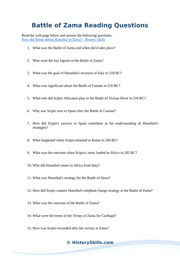 Battle of Zama Reading Questions Worksheet