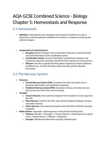 Homeostasis and Response Revision notes