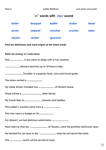 Year 6 Letter Patterns | ´et´ as in  /ay/   &  'ia' as in long i