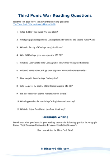 Third Punic War Reading Questions Worksheet