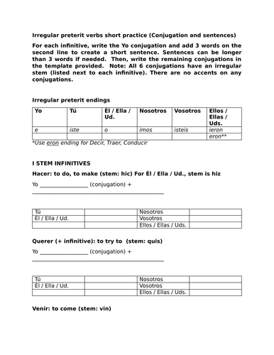 Irregular preterit verbs short practice (Conjugation and sentences)