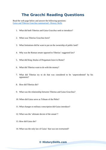 Gaius and Tiberius Gracchus Reading Questions Worksheet