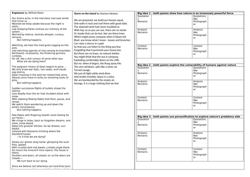 A3 comparison worksheets for AQA Power and Conflict poems