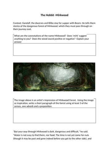 The Hobbit Extract Mirkwood Reading Comprehension Language Analysis  Fiction KS3 / KS4