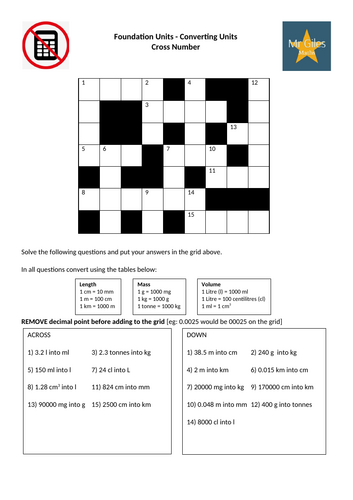 Foundation Units - Converting Metric Cross Number