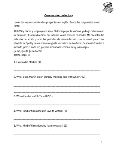 SPANISH - My hobbies reading comprehension worksheet