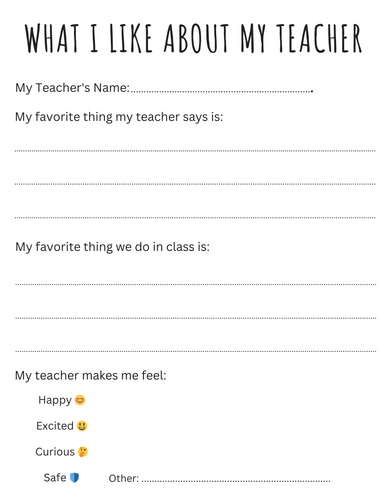 What i like about my teacher worksheet - i love my teacher because printable