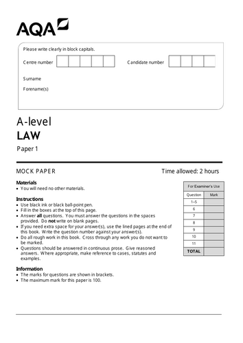 Mock Paper for AQA A-Level Law: Crime