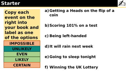 Topic Intro - Year 7 - Unit 3 - Probability Scale and Outcomes