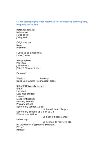 Materials for a French CV and application letter. CV et lettre de motivation
