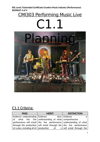 RSL CMI303 Performing Music Live Criteria 1: Planning Workbook