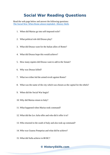 Ancient Rome's Social War Reading Questions Worksheet