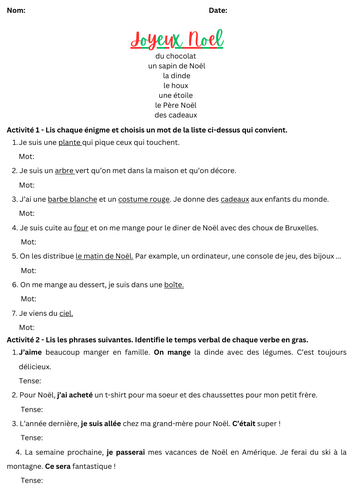 FRENCH - Joyeux Noël worksheets