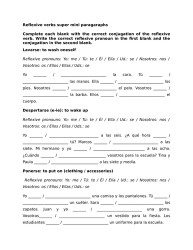 Reflexive verbs super mini paragaraphs
