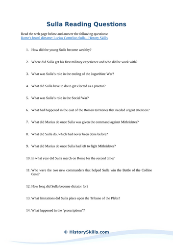 Lucius Cornelius Sulla Reading Questions Worksheet