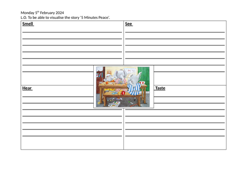 Senses worksheet linking to 'Five Minutes Peace'