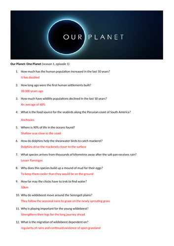 Our Planet: One Planet Worksheet