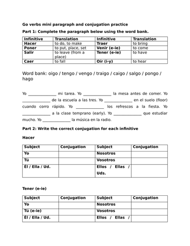Go verbs mini paragraph and conjugation practice