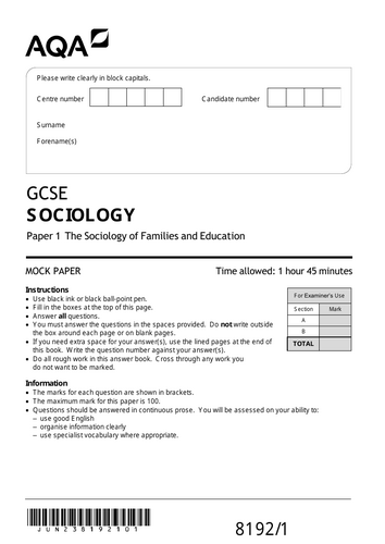 AQA GCSE Sociology Mock Paper 1 - Families and Education | Teaching ...