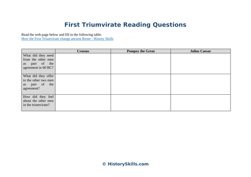 First Triumvirate Reading Comprehension Worksheet